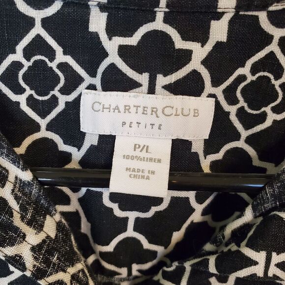 100% Linen Black & White Button Down Shirt w Roll Sleeves - Picture 9 of 13